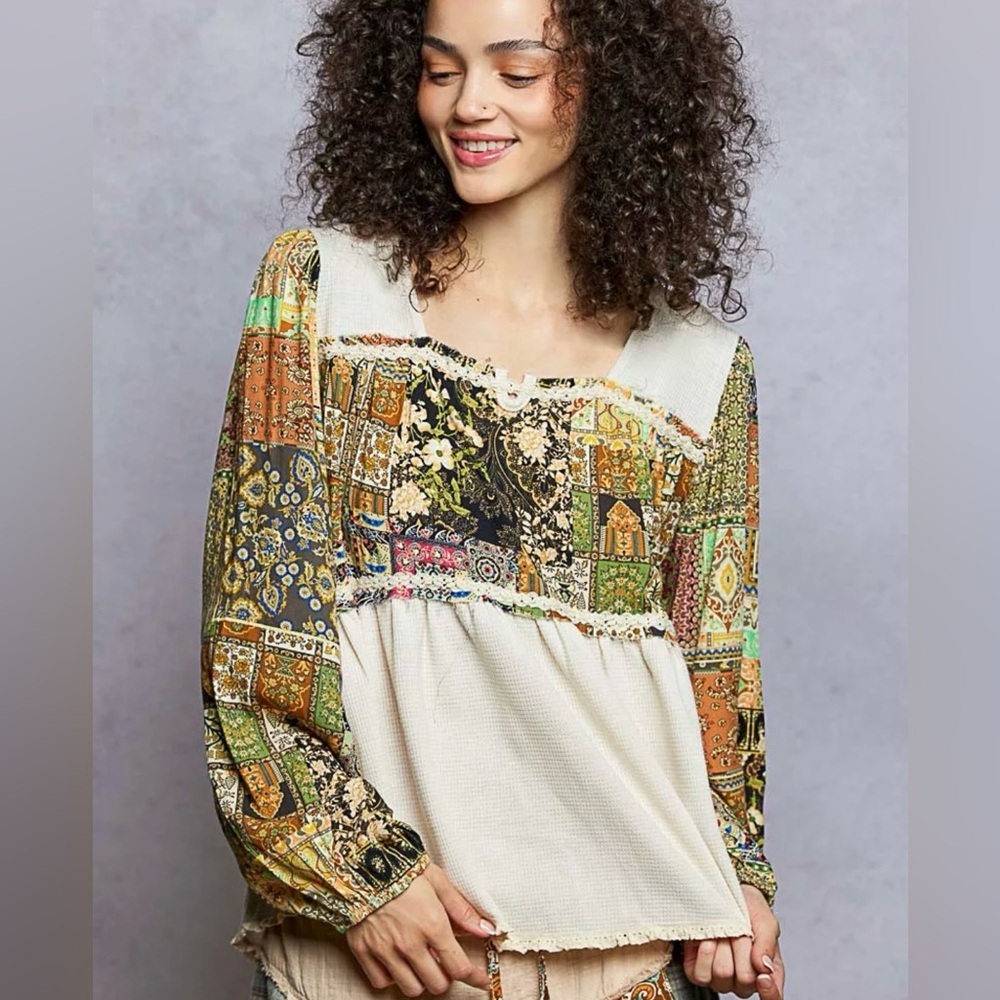🌸POL L Bohemian Patchwork Long Sleeve Top P004 - Picture 2 of 11